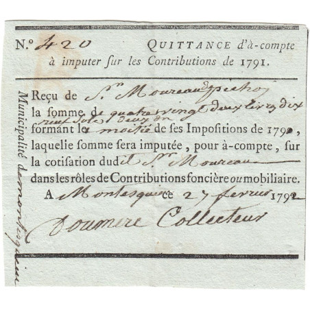 Lot-et-Garonne - Montesquieu - Révolution - 1792 - Contributions - 82 livres 19 sols - Etat : SUP