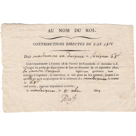 Lot-et-Garonne - Sérignac - Louis XVIII 1ère Rest. - 1814 - Contributions directes - Etat : SUP