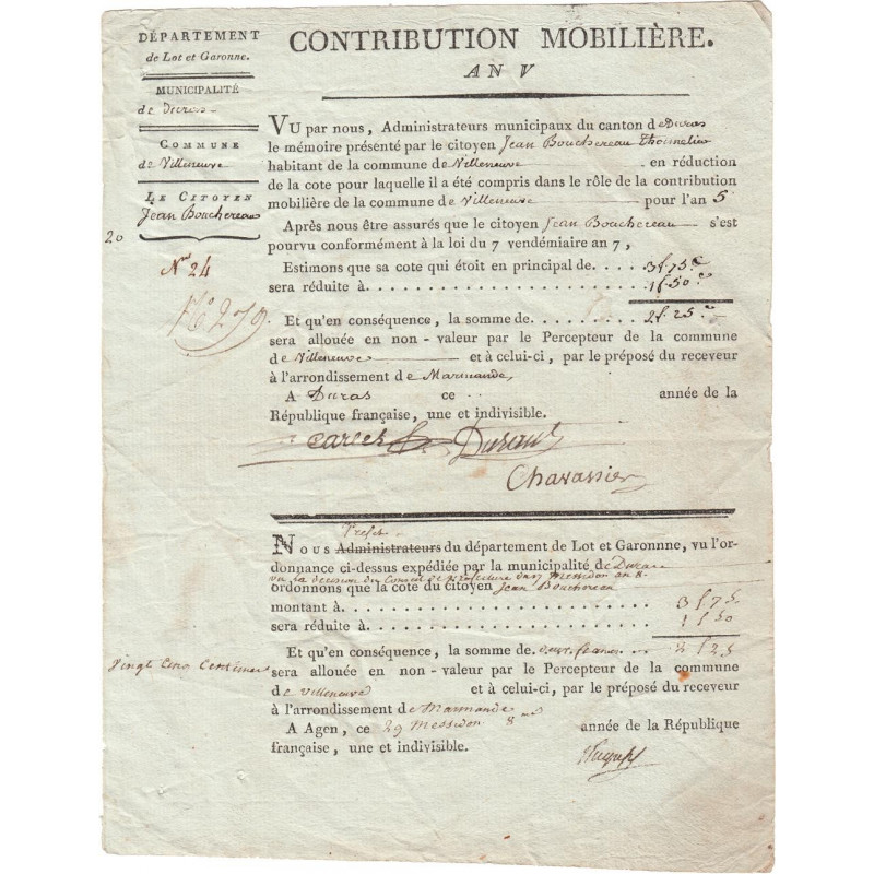 Lot-et-Garonne - Villeneuve Duras - Consulat - 1800 - Contribution mobilière - Etat : TTB+