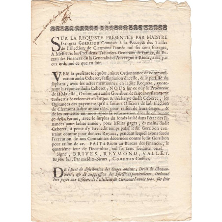 Puy-de-Dôme - Clermont - Louis XIV - 1671 - Requête concernant les Tailles - Etat : TTB