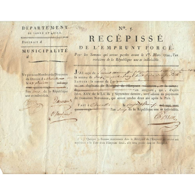 Saône-et-Loire - Charolles - Révolution - 1794 - Emprunt forcé de 1794 - Etat : TTB