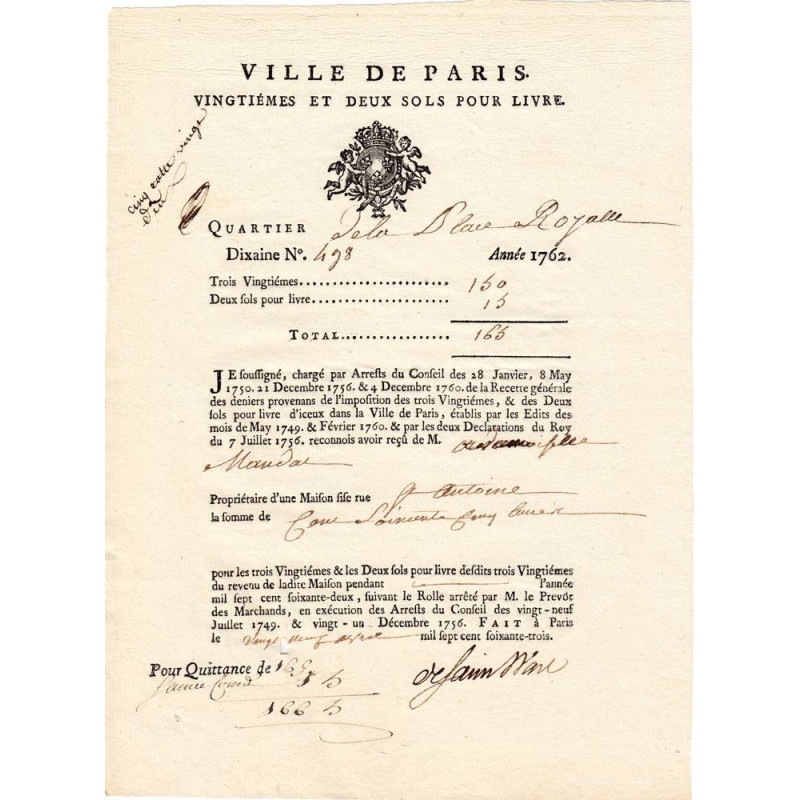 Paris - Louis XV - Vingtièmes et deux sols de 1763 - Etat : SUP