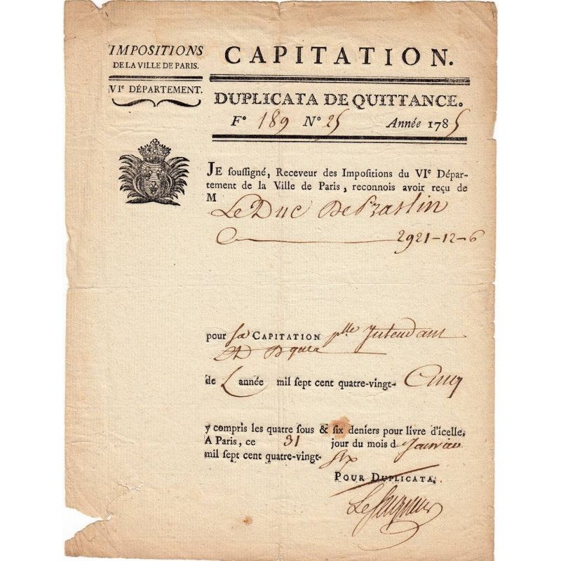 Paris - Louis XVI - Capitation 1785 - 2921 livres - Etat : TTB
