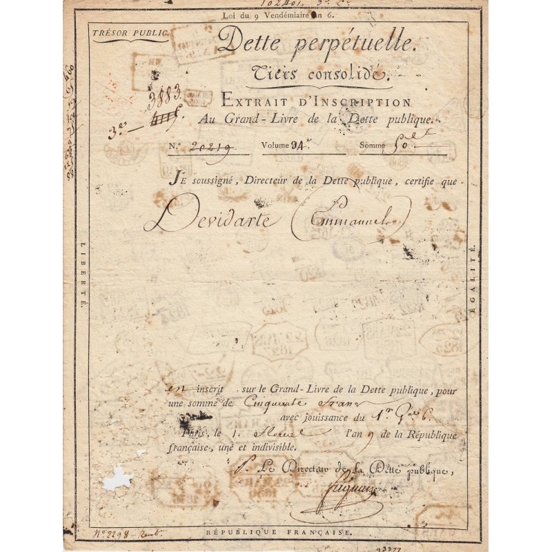 Paris - Consulat - 1801 - Dette perpétuelle - 50 francs - Etat : TB