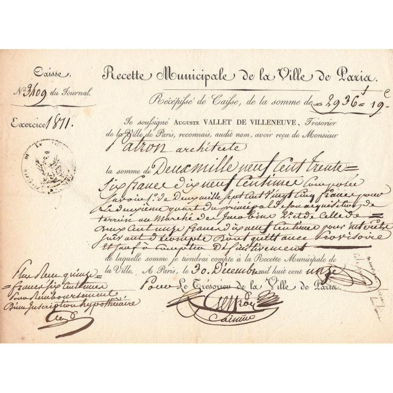 Paris - 1er empire - 1811 - Recette municipale - 2936 francs - Etat : SUP