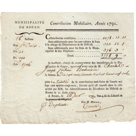 Seine-Maritime - Rouen - Révolution - Contribution mobilière 1791 - 1778 livres - Etat : SUP