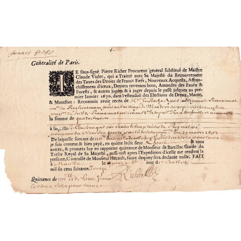 Yvelines - Mantes - Louis XIV - Taxes domaniales 1673 - Etat : TTB