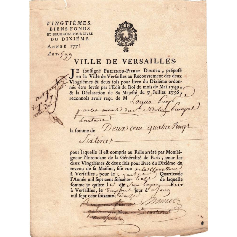 Yvelines - Versaille - Louis XV - Vingtièmes biens fonds 1772 - Etat : TTB