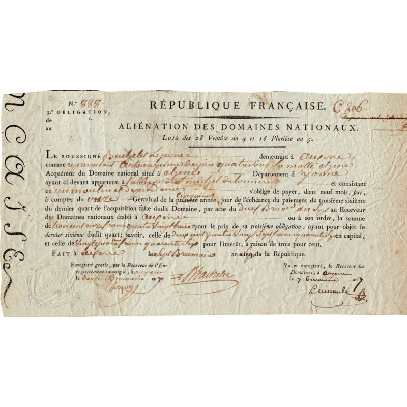 Yonne - Auxerre - Révolution - 1798 - Aliénation des Domaines nationaux - Etat : TB+
