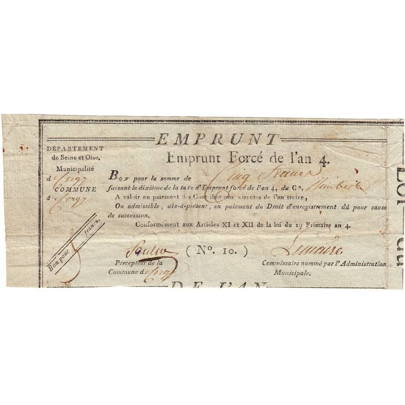 Val-d'Oise - Cergy - Révolution - 1795 - Emprunt forcé de l'an IV - 5 francs - Etat : TTB