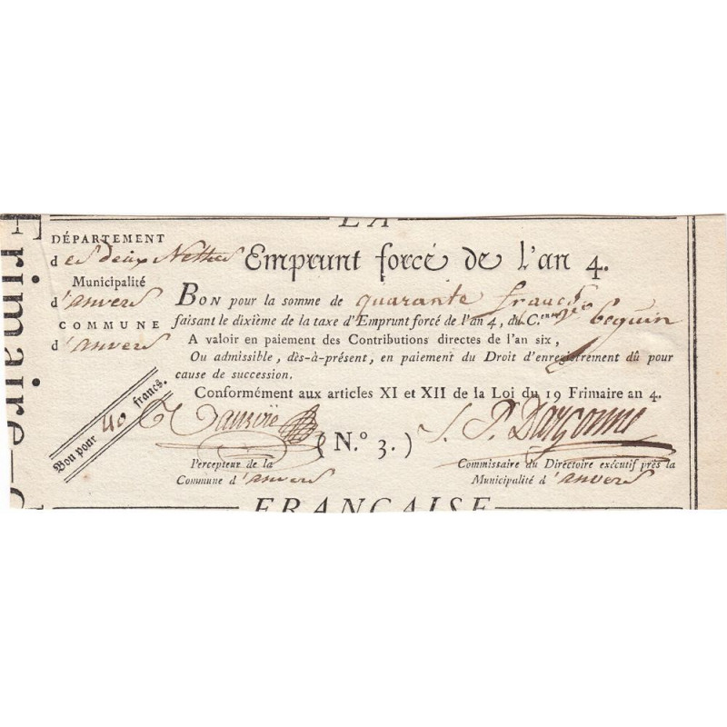 Belgique - Anvers - Révolution - 1795 - Emprunt forcé de l'an IV - 40 francs - Etat : SPL