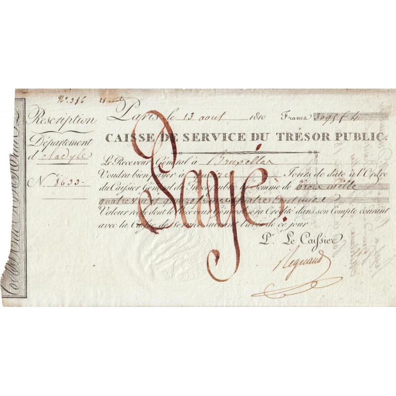 Belgique - Bruxelles - 1er Empire - 1810 - Rescription de 3095 francs - Etat : SUP