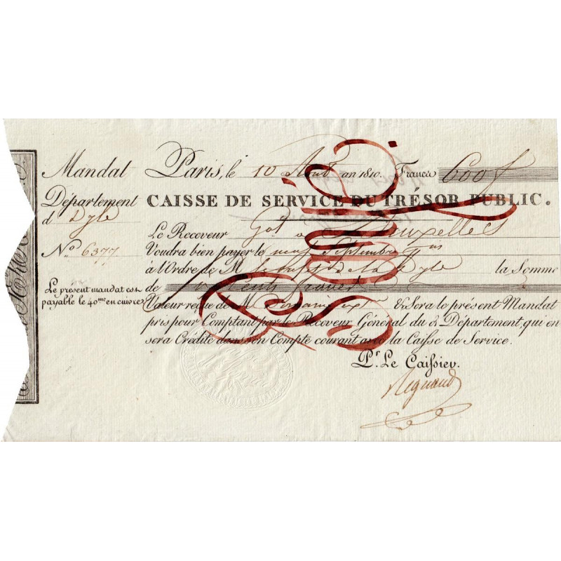 Belgique - Bruxelles - 1er Empire - 1810 - Mandat de 600 francs - Etat : SUP