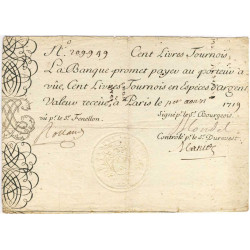 Law-Doreau 07 - Gravé - 100 livres tournois - 1er août 1719 - Etat : TTB