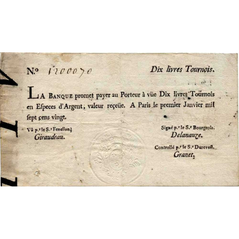 Law-Doreau 21 - 10 livres tournois - 1er janvier 1720 - Etat : TTB