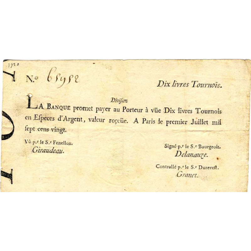 Law-Doreau 22 - 10 livres tournois - 1er juillet 1720 - Etat : TTB