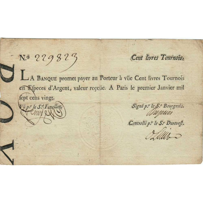 Law-Doreau 26 - 100 livres tournois - 1er janvier 1720 - Etat : TTB