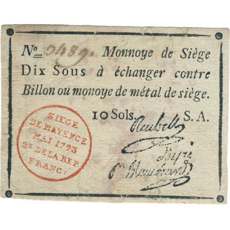 Siège de Mayence - Lafaurie 247 - 10 sols - Mai 1793 - Etat : TB+