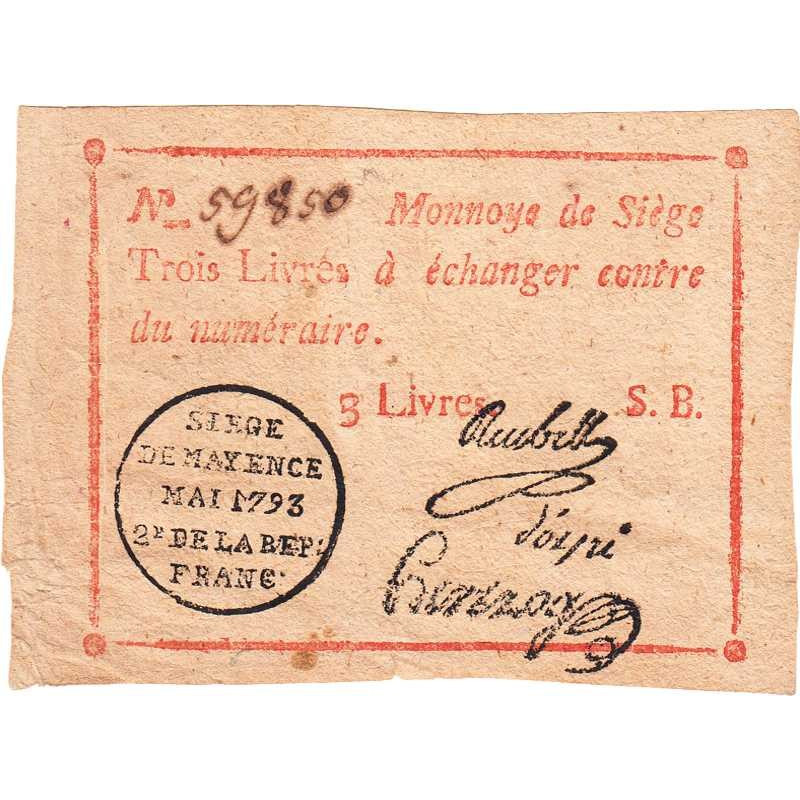 Siège de Mayence - Lafaurie 251 - 3 livres - Mai 1793 - Etat : TTB+