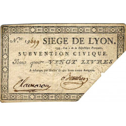 Siège de Lyon - Laf 252 - 20 livres - Série de milliers 19 - Août 1793 - Etat : TTB-