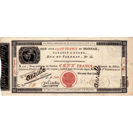 Rouen - Caisse d'échange - Pick S 246b - 100 francs - Série C - An 12 - Etat : TTB