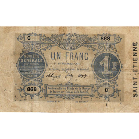 Saint-Etienne - Société Générale - Jer 42 non rép - 1 franc - 18/11/1871 - Etat : TB