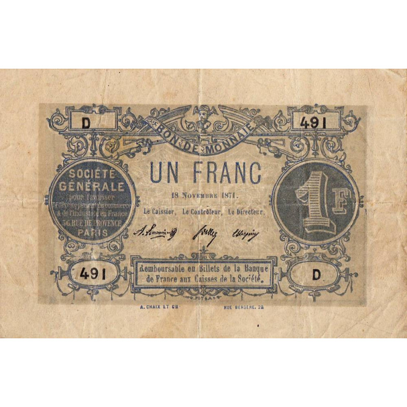 Paris - Société Générale - Jer 75.02A - 1 franc - 18/11/1871 - Etat : TB