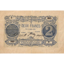 Paris - Société Générale - Jer 75.02B - 2 francs - 18/11/1871 - Etat : TTB