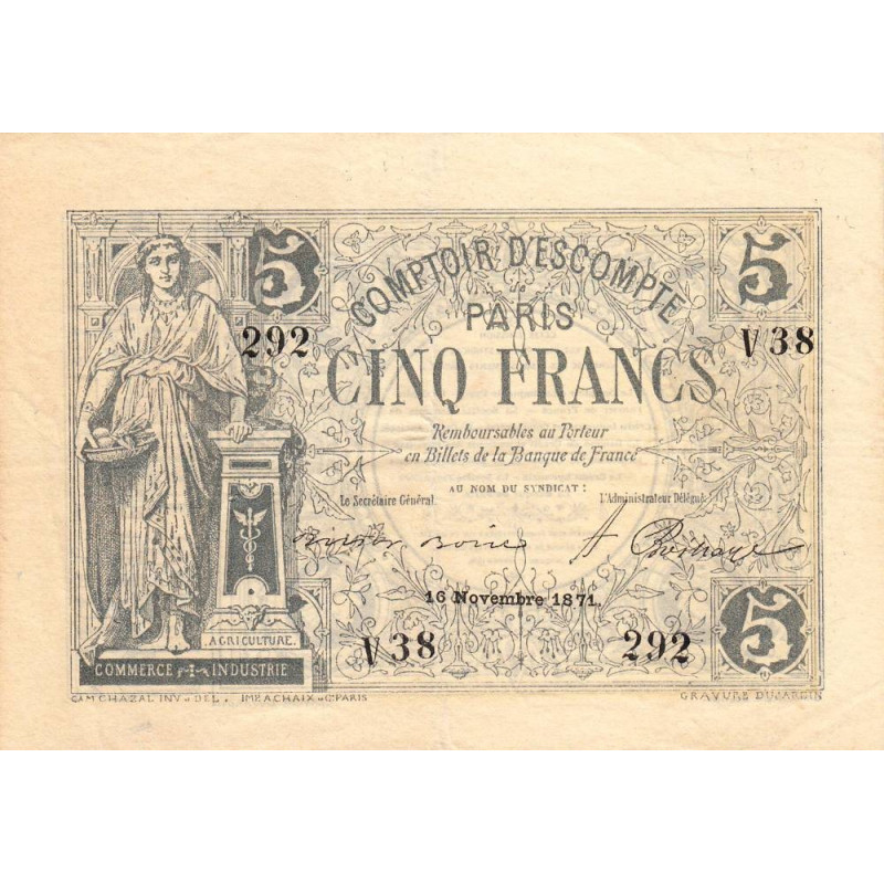 Paris - Comptoir d'Escompte - Jer 75.03A - 5 francs - 16/11/1871 - Etat : TTB+