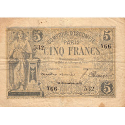 Paris - Comptoir d'Escompte - Jer 75.03A - 5 francs  - Série X.66 - 16/11/1871 - Etat : TB