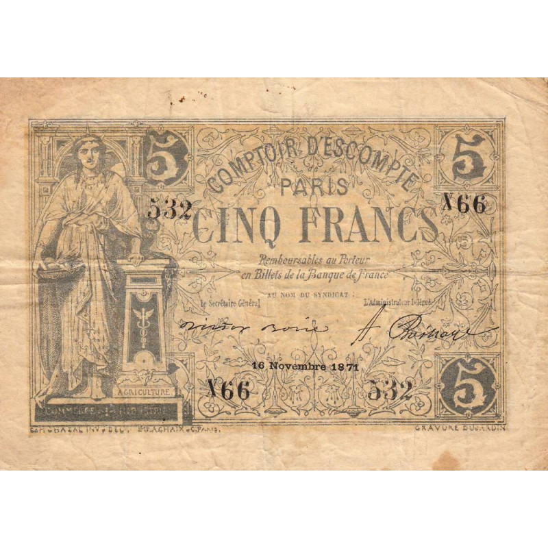 Paris - Comptoir d'Escompte - Jer 75.03A - 5 francs - 16/11/1871 - Etat : TB