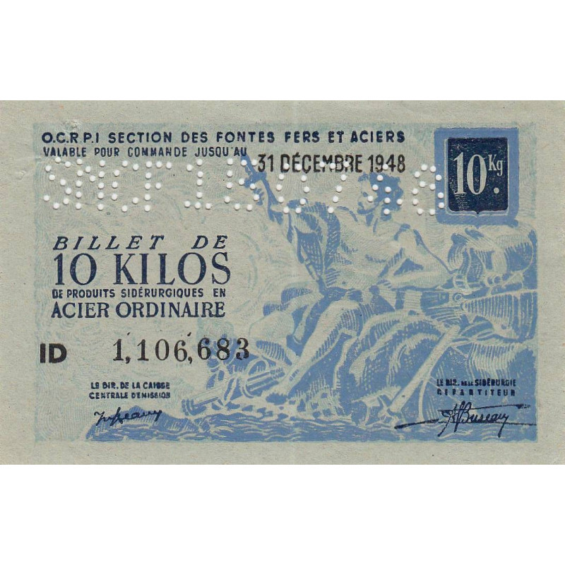 10 kg acier ordinaire - 31/12/1948 - Perforations SNCF - Série ID - Etat : SUP