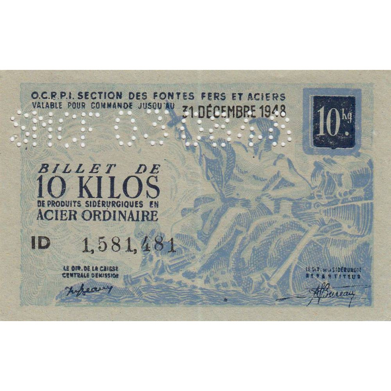 10 kg acier ordinaire - 31/12/1948 - Perforations SNCF - Série ID - Etat : SUP+