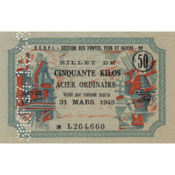 50 kg acier ordinaire - 31/03/1949 - Perforations SNCF - Série JM - Etat : SUP+