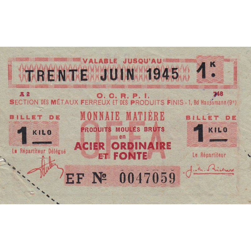 1 kg produits moulés acier ord. - 30/06/1945 - Endos. Nord / Pas-de-Calais - Série EF - Etat : TTB+