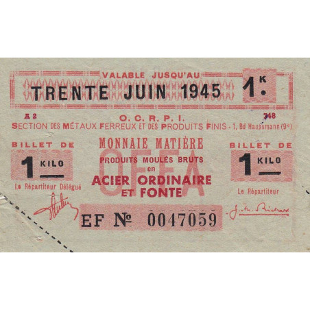 1 kg produits moulés acier ord. - 30/06/1945 - Endos. Nord / Pas-de-Calais - Série EF - Etat : TTB+