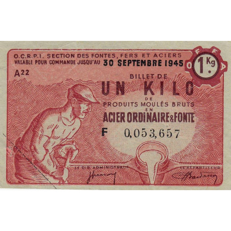 1 kg produits moulés acier ord. et fonte - 30/09/1945 - Endos. Nord / Pas-de-Calais - Série F - Etat : TTB+