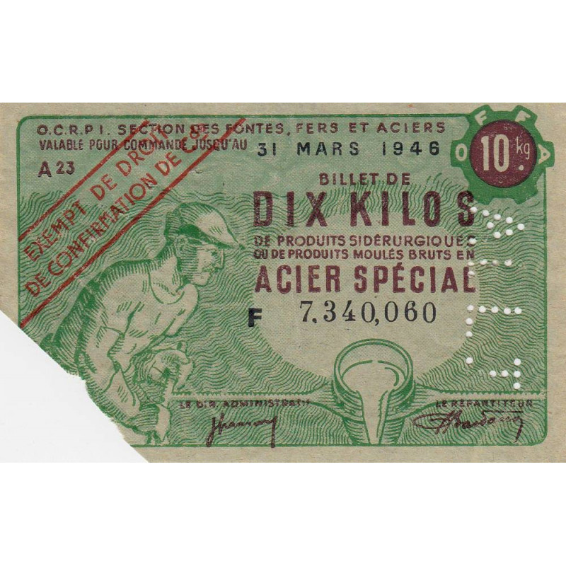 10 kg produits moulés acier spécial - ALLI - 31/03/1946 - non endossé - Série F - Etat : TTB+