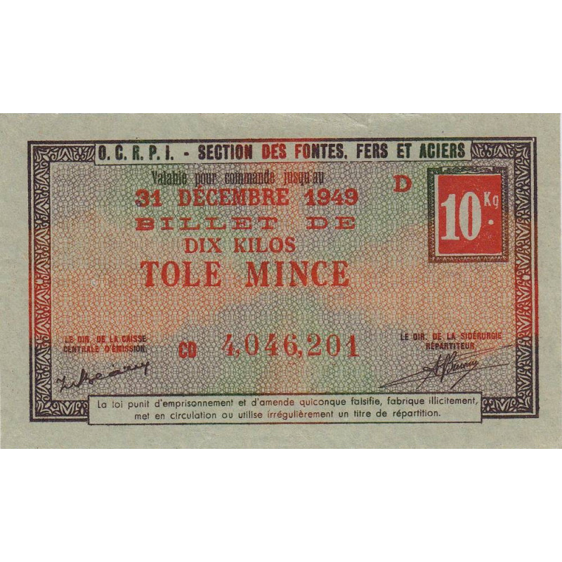 10 kg tôles minces - 31/12/1949 - Endossé - Série CD - Etat : SUP