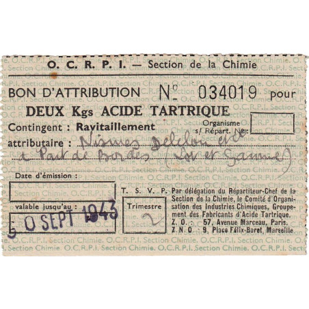 2 kg acide tartrique - 30/09/1943 - Lot-et-Garonne - Etat : SUP