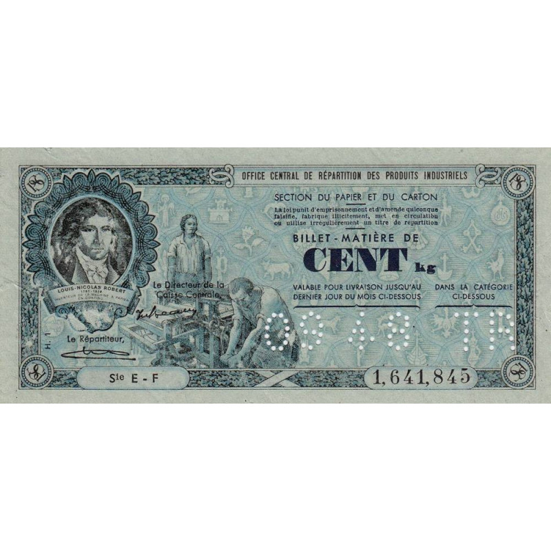 100 kg Papiers et cartons - 09/1948 - Code TR - Série EF - Etat : TTB-