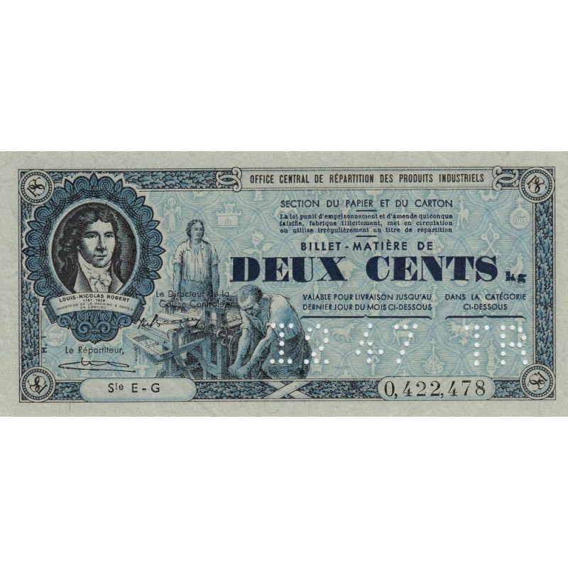 200 kg Papiers et cartons - 12/1947 - Code TR - Série EG - Etat : SUP+