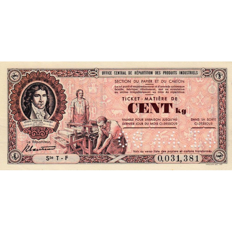 100 kg Papiers et cartons en transformés - 06/1944 - Code 14 - Série TF - Etat : SPL