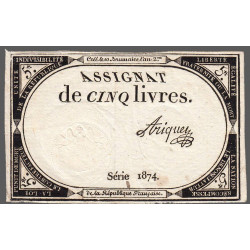 Assignat 46a - 5 livres - 10 brumaire an 2 - Signature 1 - Etat : SUP