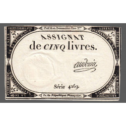 Assignat 46a - 5 livres - 10 brumaire an 2 - Signature 3 - Etat : SUP