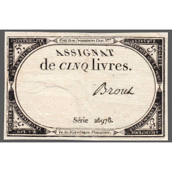 Assignat 46a - 5 livres - 10 brumaire an 2 - Signature 19 - Etat : TTB