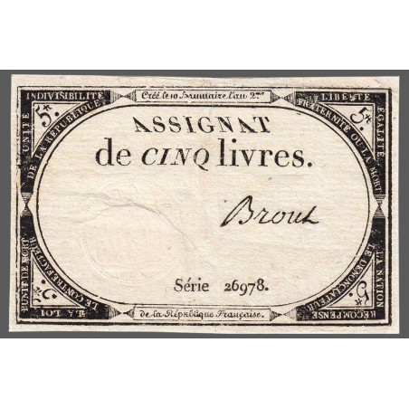 Assignat 46a - 5 livres - Signature 19 - 10 brumaire an 2 - Etat : TTB