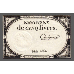Assignat 46a - 5 livres - 10 brumaire an 2 - Signature 23 - Etat : SUP
