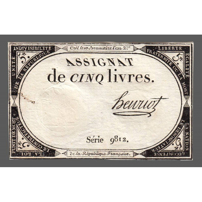 Assignat 46a - 5 livres - 10 brumaire an 2 - Signature 57 - Etat : TTB+