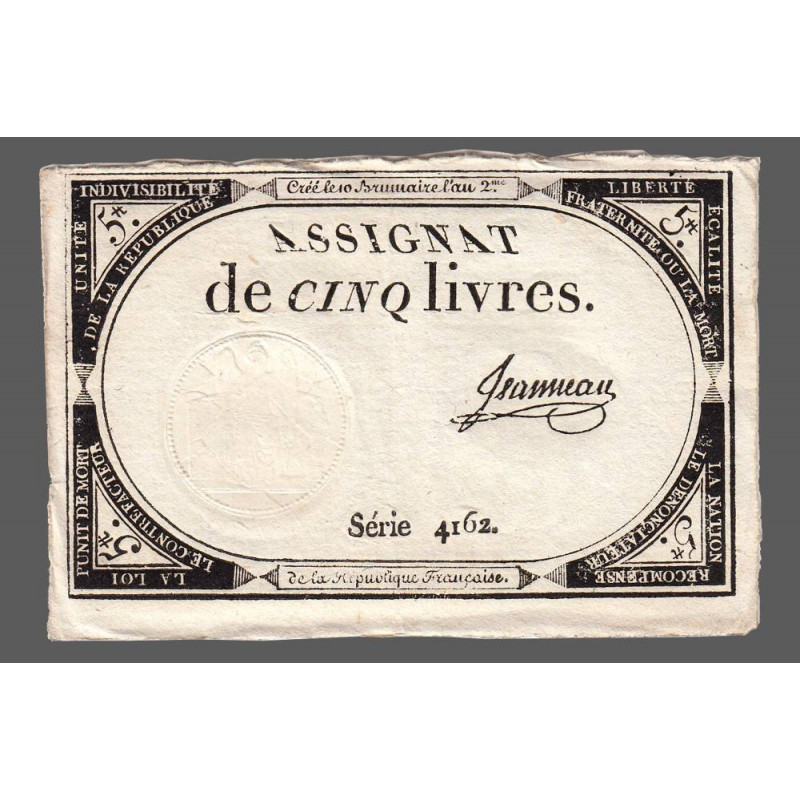 Assignat 46a - 5 livres - 10 brumaire an 2 - Signature 58 - Etat : SUP